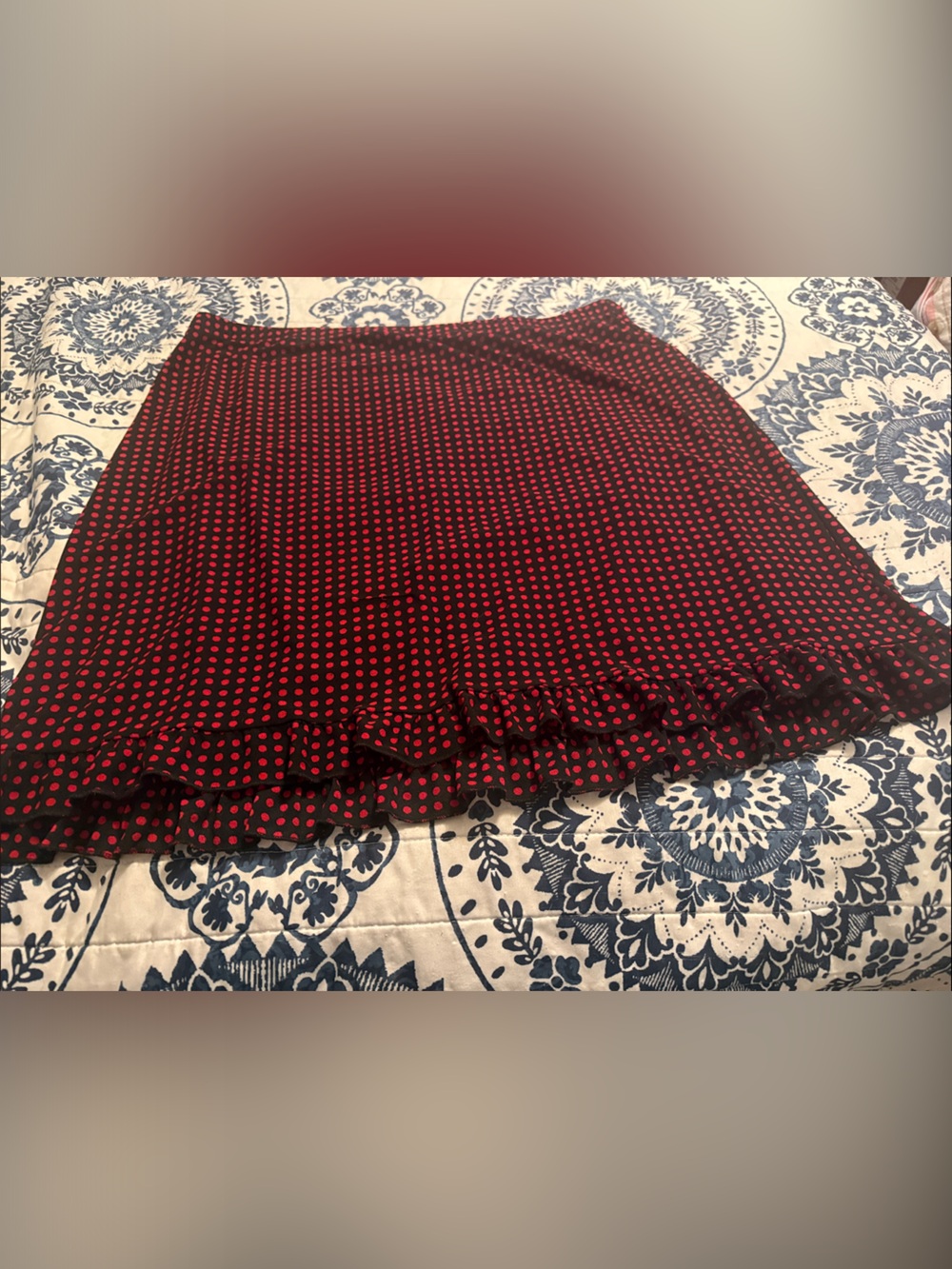 Avenue Black Mini Skirt with Red Polka Dots and Ruffle Hem